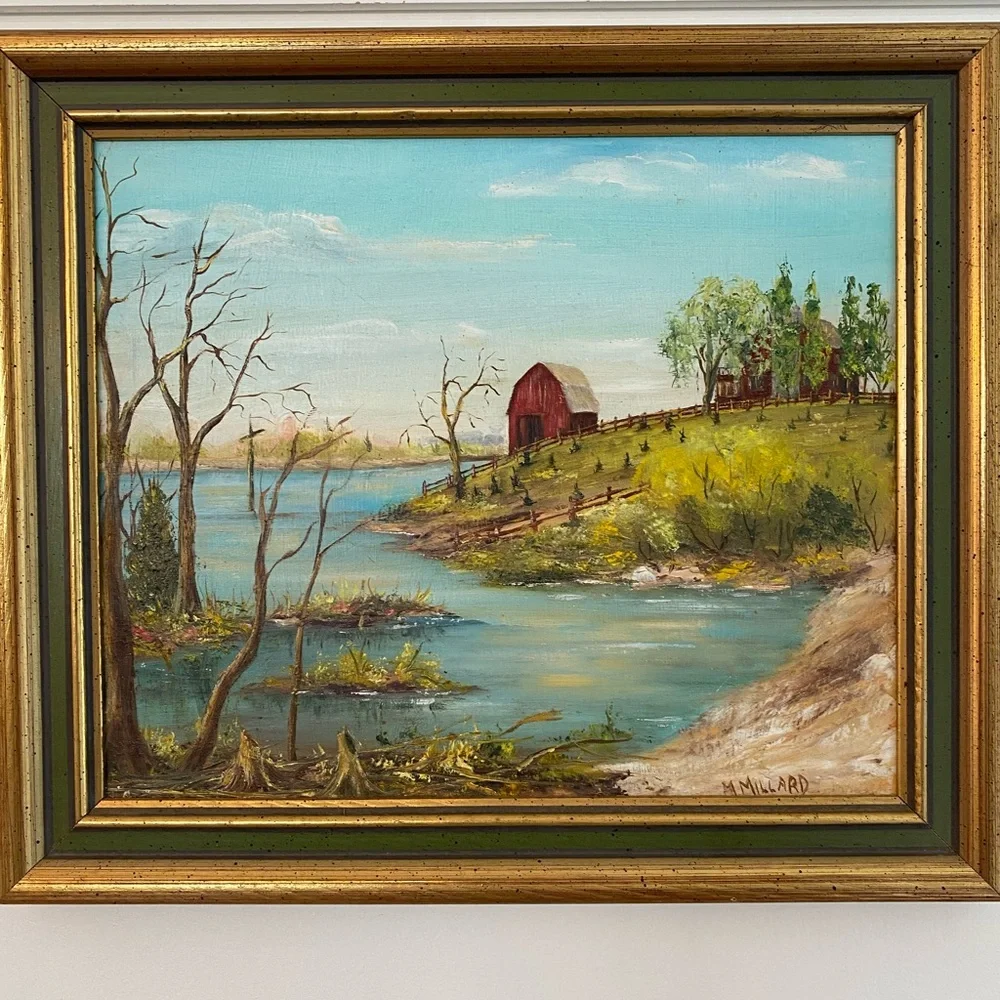 Vintage Original Oil Painting Fall Spring Farm Barn Landscape Signed M Millard - Picture 3 of 11